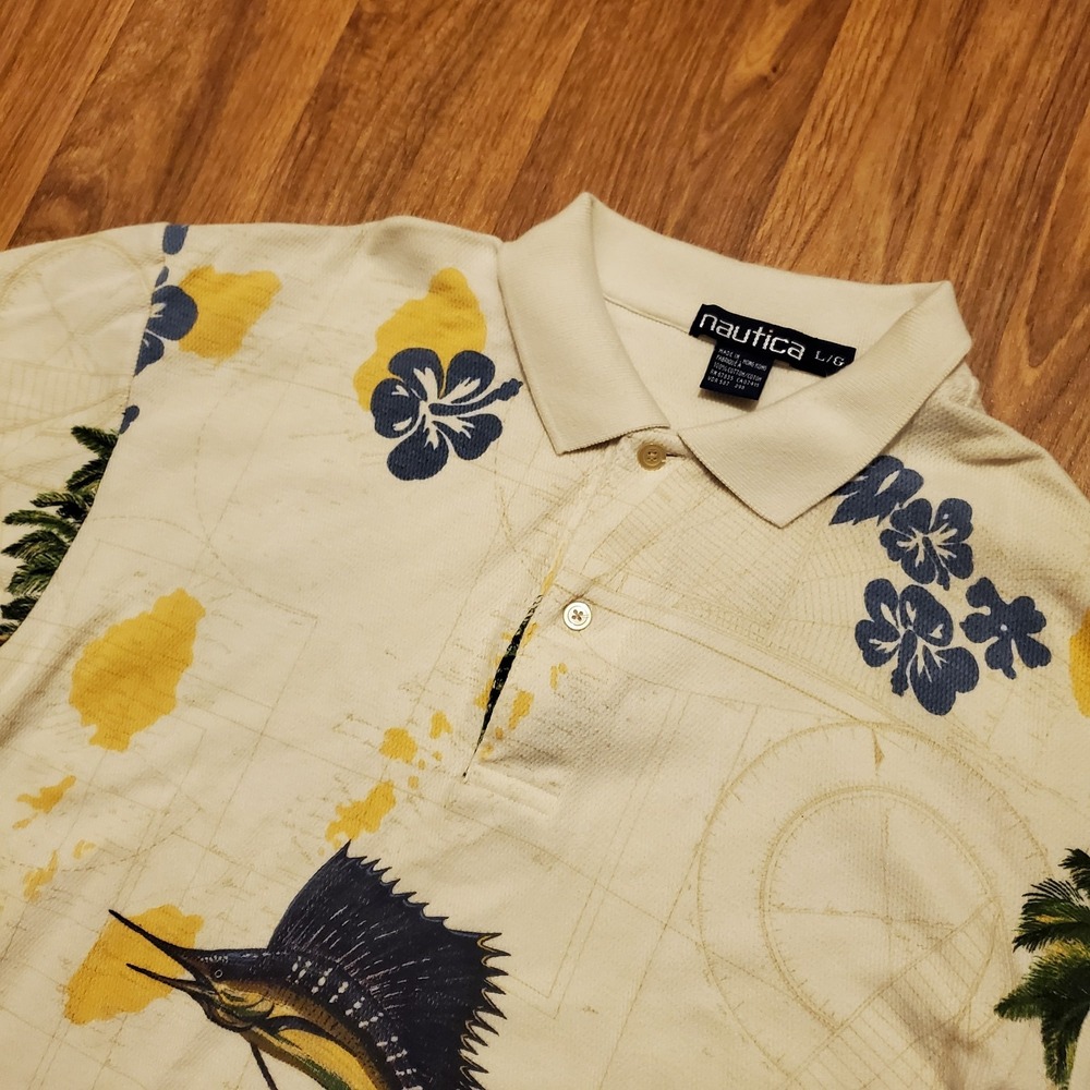 Vintage Nautica Polo Shirt Adult‎ Large Floral Hawaiian Marlin Fish AOP Graphic